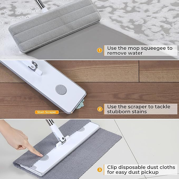 Spreezy Mop and Bucket Set, Hands-Free Flat Mop System with Wringer, Wet and Dry Using, Separate Wash & Wring Zone, Household, 4 Reusable Microfiber Pads for Floor Cleaning, Fits into Narrow Spaces