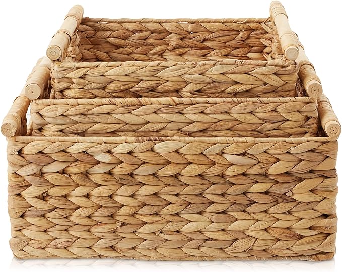 Casafield Set of 3 Water Hyacinth Rectangular Storage Baskets with Wooden Handles - Small, Medium, and Large Woven Nesting Baskets for Organizing