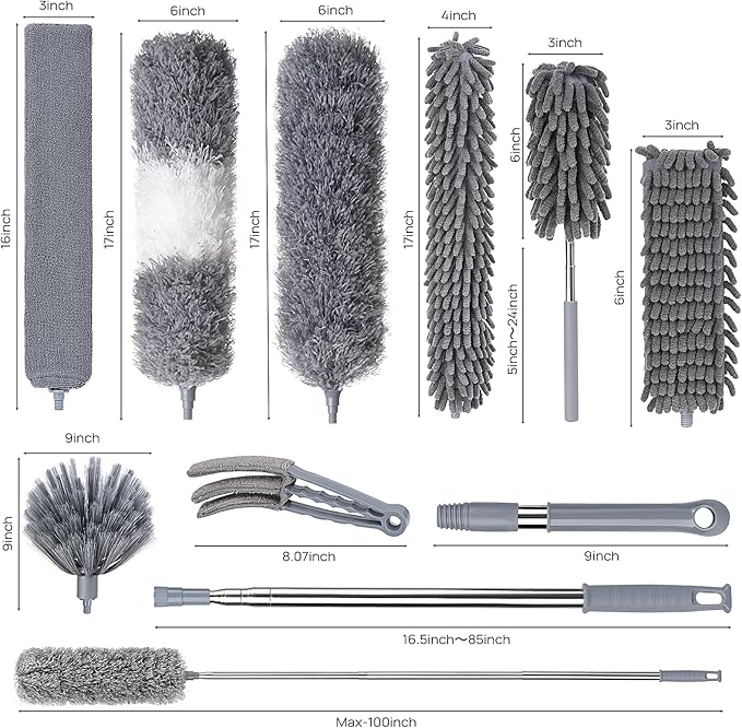 Dusters for Cleaning, Feather Duster Set, 10PCS Duster with Extension Pole Up to 100'' - Extendable, Bendable, and Washable for Ceilings, Chandeliers, and Furniture
