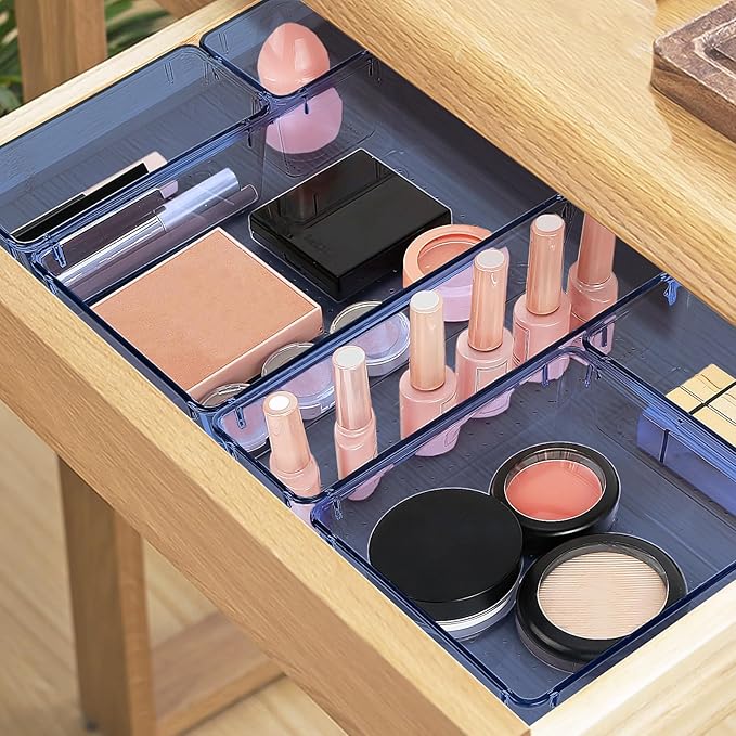 StorMiracle 16 PCS Drawer Organizer Set, 5 Varied Size Bathroom and kitchen Drawer cabinet organizer Trays, Clear Storage Bins for Makeup, Jewelry, Utensils and Gadgets,Dark Blue