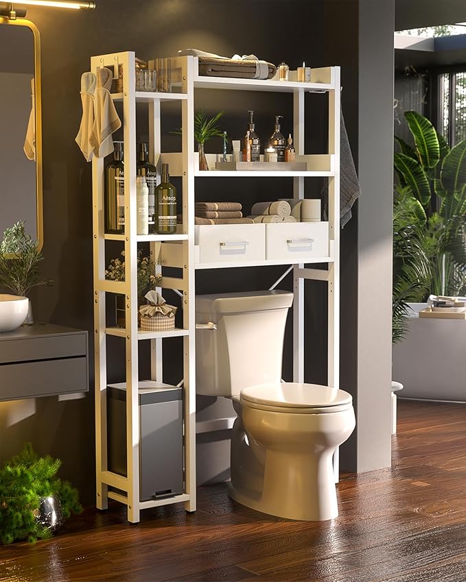 Besiost Over The Toilet Storage with 2 Drawers - 7 Tier Bathroom Organizer with Adjustable Shelf, Freestanding Space Saver Storage Rack Above Toilet Stand with 4 Hooks for Restroom, Laundry, White