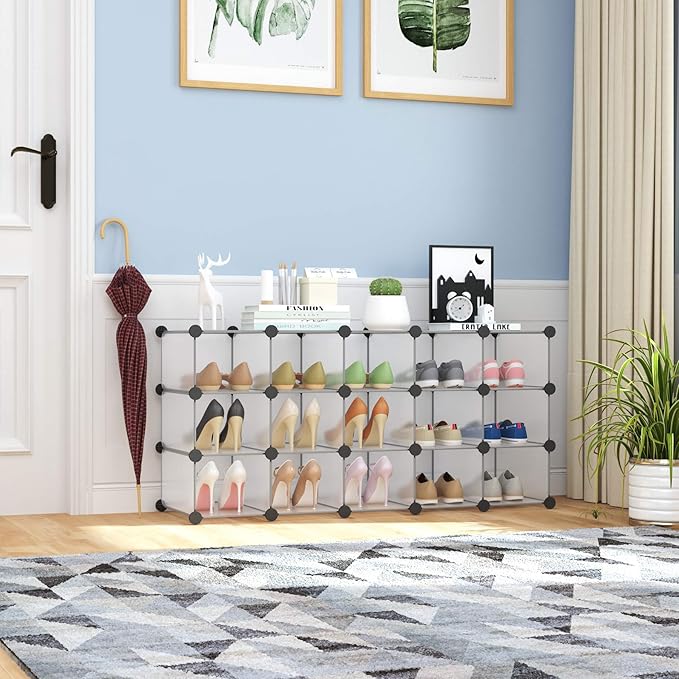 C&AHOME Plastic Shoe Rack,16-Cube Modular Shoes Storage Stand, Multifunction Closet Cabinet, Stackable Shoe Organizer for Bedroom Doorway Entryway Hallway, 36" L × 14.2" W × 28" H White SRP15A