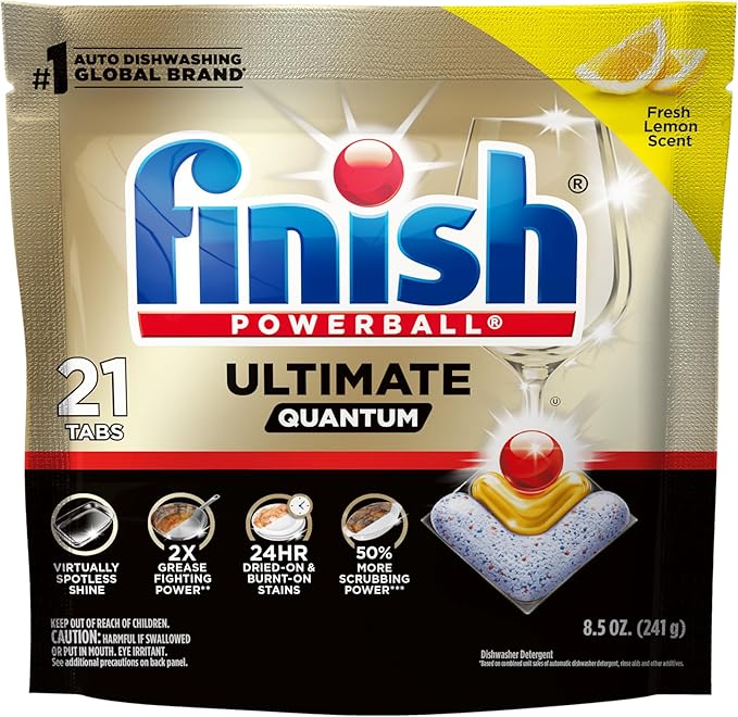 Finish Ultimate Quantum Dishwasher Pods, New & Improved Formula, Dishwasher Detergent Dish Soap, Removes Burnt-On & Dried-On Stain, Degreasing & Scrubbing Power, Lemon Scent, 21 Count