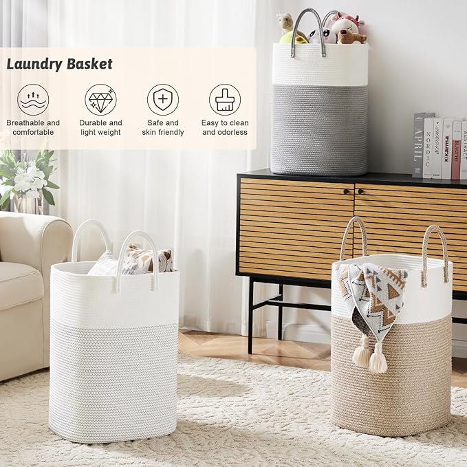 Laundry Basket,Woven Cotton Rope Laundry Hamper,Versatile Storage for Dirty Clothes,Baby Toys,and Blankets in Bathroom, Nursery,and Living Room (Grey, 60L)