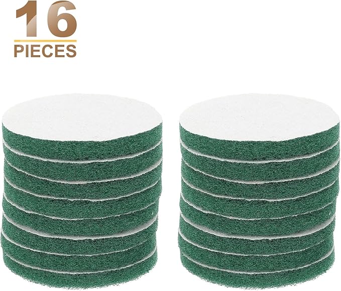 HARFINGTON 16pcs Scrubber Scouring Pads 180 Grits 4 Inch Drill Power Brush Hoop and Loop Surface Conditioning Disc Drill Scuffing Disc Scrub Pads for Home Kitchen Cleaning, Green