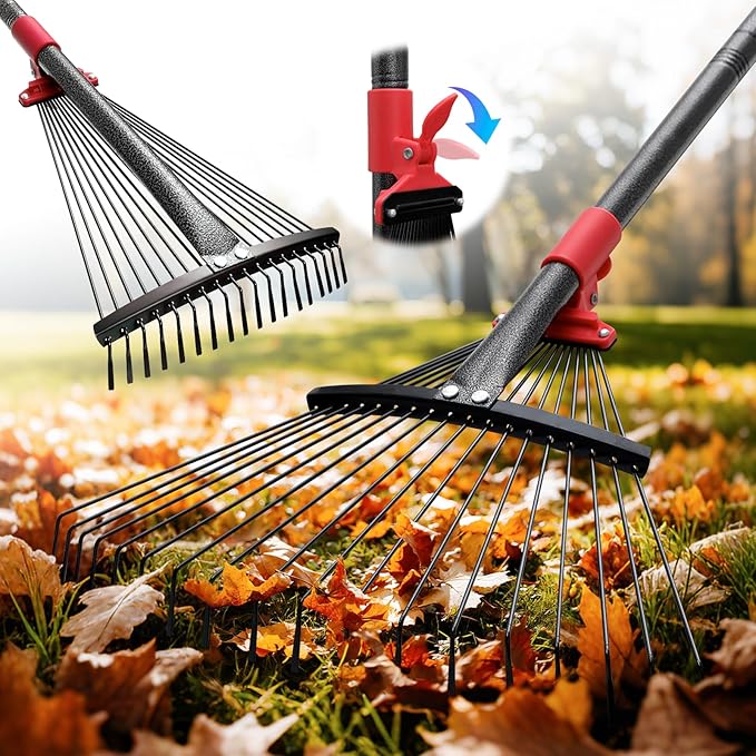Collapsible Rake for Leaves - 70" Adjustable Long Handle Yard Rake, Expandable Metal Steel Head (8”-17”), Garden Leaf Rakes for Gardening Beds, Lawn,Narrow Shrub,Pine Needle,Outdoor Camping