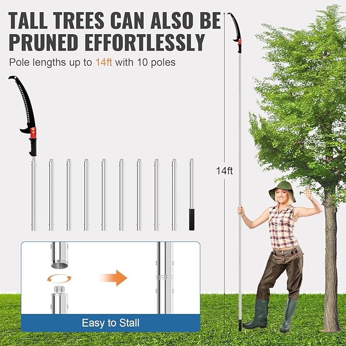 15ft Manual Pole Saw for Tree Trimming, Lightweight Manual Stainless Steel Extension High Pole Pruning Pole Saw for Tree Trimming Branches at Forestry Yard Garden Patio