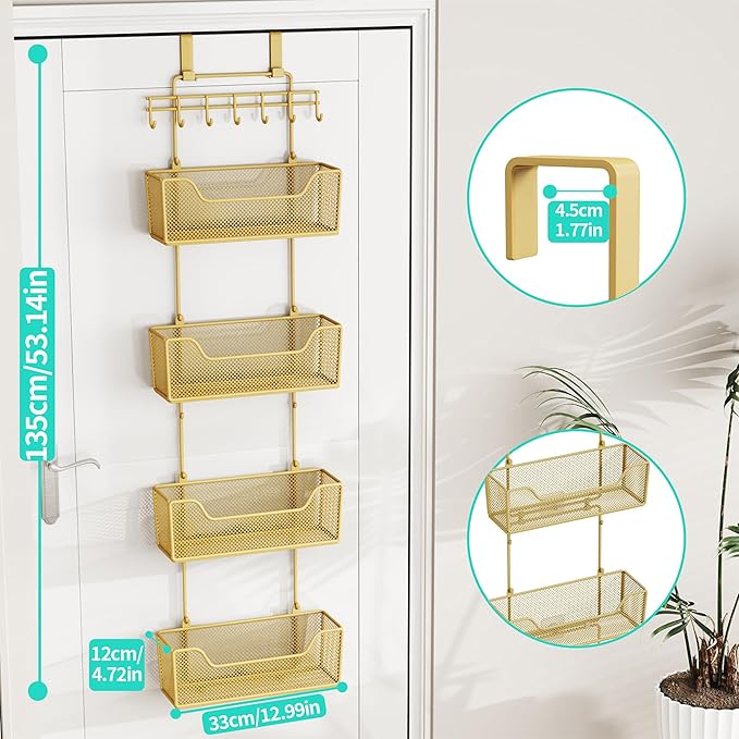 HapiRm Over The Door Organizer - Hanging Door Organizer with 4 Metal Large Capacity Baskets and Adjustable Coat Hook for Bathroom Bedroom Kitchen Pantry Closet Cabinet