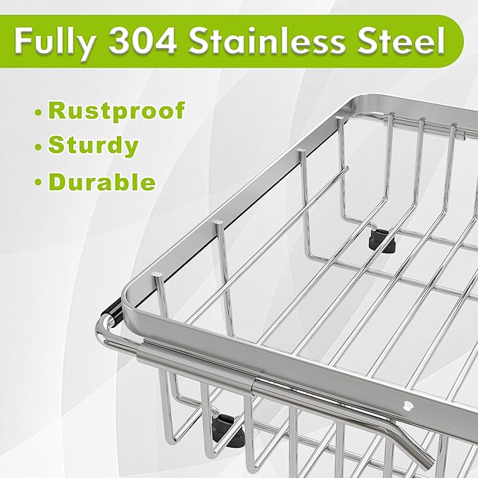 JASIWAY Dish Drying Rack in Sink, Expandable Stainless Steel Dish Drainer for Kitchen Sink, Dish Strainer Rack, Retractable Over Sink Dish Rack with Utensil Holder, 13.4''~16.9''D x 12.2''W, Silver