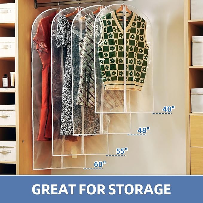 60" Dress Bags for Gowns, 5 Packs All Clear Garment Bags for Hanging Clothes, Plastic Waterproof Dress Cover with Zipper for Dresses, Coats, Uniforms (Set of 5)