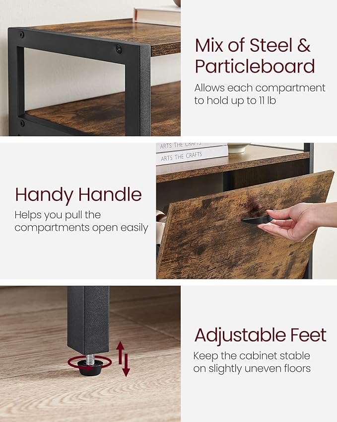 VASAGLE Shoe Cabinet with 3 Flip Drawers, Shoe Storage Cabinet, Asjustable and Removable Dividers, Holds 15-18 Pairs of Shoes, 11.8 x 23.6 x 51.2 Inches, Rustic Brown and Black ULBS101B01
