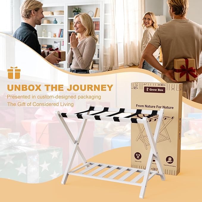 26.77"L Luggage Rack, White Luggage Rack for Guest Room, Bamboo Folding Suitcase Stand with Storage Shelf, 5 Nylon Straps, Heavy Duty Luggage Holder for Bedroom Hotel, 1 Pack, Gift Box Packaging