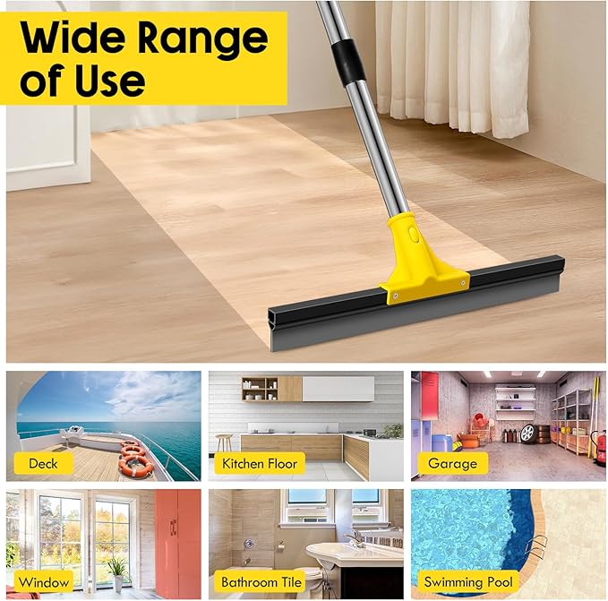 Floor Squeegee for Concrete and Tile Cleaning, 24'' Heavy Duty Rubber Wiper with 60'' Long Adjustable Handle Water Scraper for Bathroom Shower Glass Garage Glass Window(Yellow
