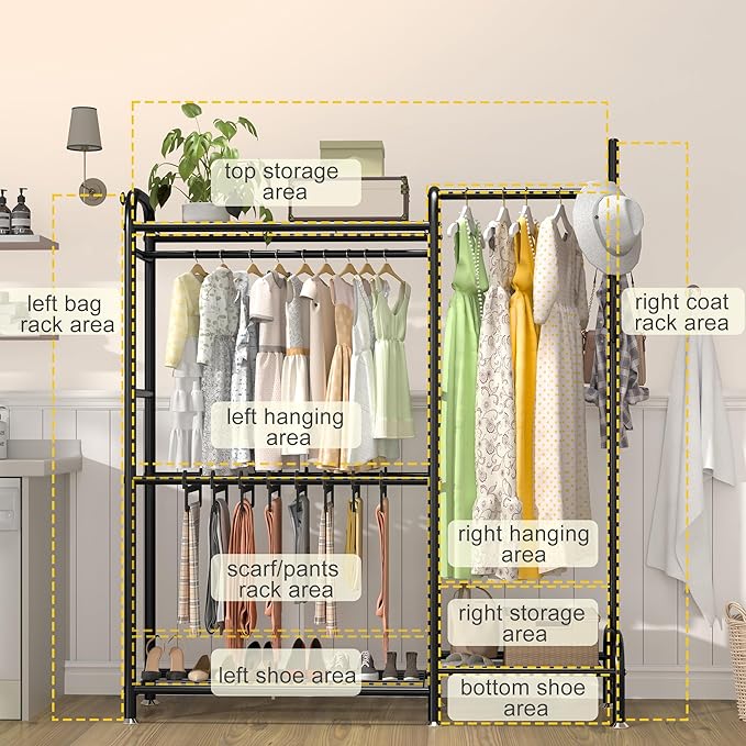 GAIOUS Black Metal Garment Rack for Hanging Clothes, Versatile Portable Clothes Rack with Hang Rods & Shelves & Pants Racks, FreeStanding Closet Wardrobe Organizer for Cloakroom, Bedroom