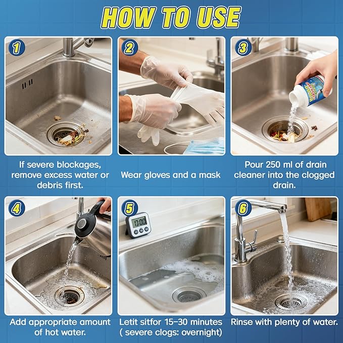 Drain Cleaner Powder, Powerful Drain Clog Remover, Sink and Drains cleaner to Dissolve Clogs, Drains Opener Removes Hair, Grease, Soap Scum and Food Residue, Safe for Pipes and Septic Systems