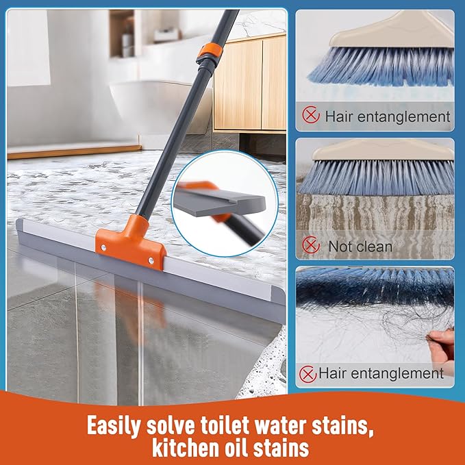 Rubber Floor Squeegee for Concrete Floor, Tile Floor, Metal Aluminium Heavy Duty Garage Shower Floor Squeegee Broom for Removing Water, Commercial Scrubber Mop with Extendable Long Handle