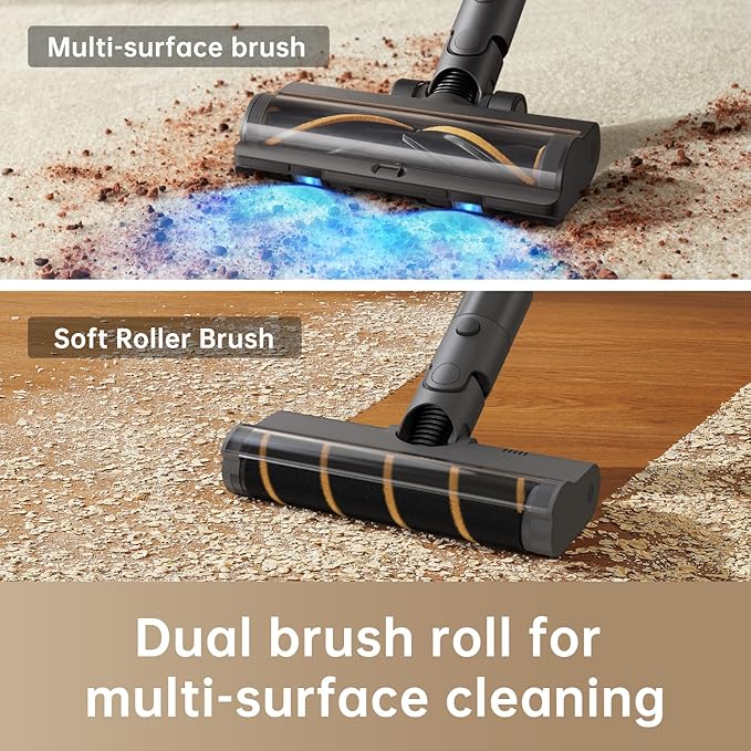 DREAME R20 Cordless Vacuum Cleaner with Dual Brush Head, Smart Stick Vacuum for Home, 190AW Powerful Suction, Up to 90 Mins, Blue Lights, Lightweight for Hard Floor, Carpet, Pet Hair