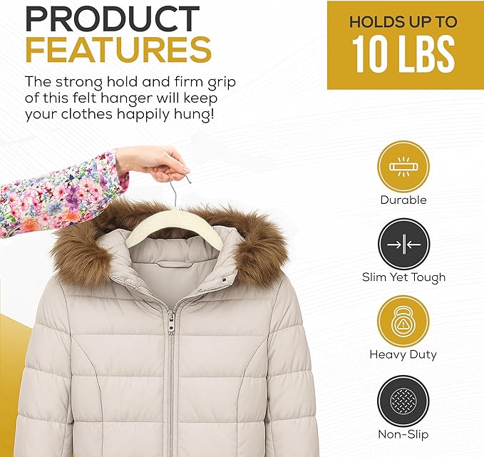 Techzoo 50 Pack New Premium Quality Velvet Hangers Ultra Thin Non Slip Adult Felt Space Saving Hangers for Closet Heavy Duty Coat Pants Jackets Dress Hangers 360° Swivel Hook Hold Upto 10 lbs Ivory