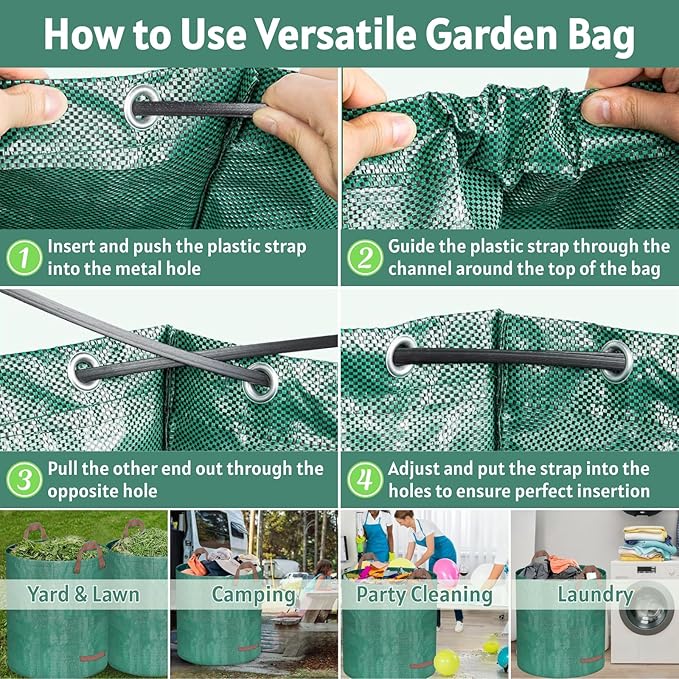 Garden Rake for Leaves with Leaf Bag & Gloves - 65 Inch Adjustable 25 Tines Metal Rake Set with 72 Gallon Reusable Yard Waste Bags for Gardening Lawns Outdoor Camping Shrub Grass Bush