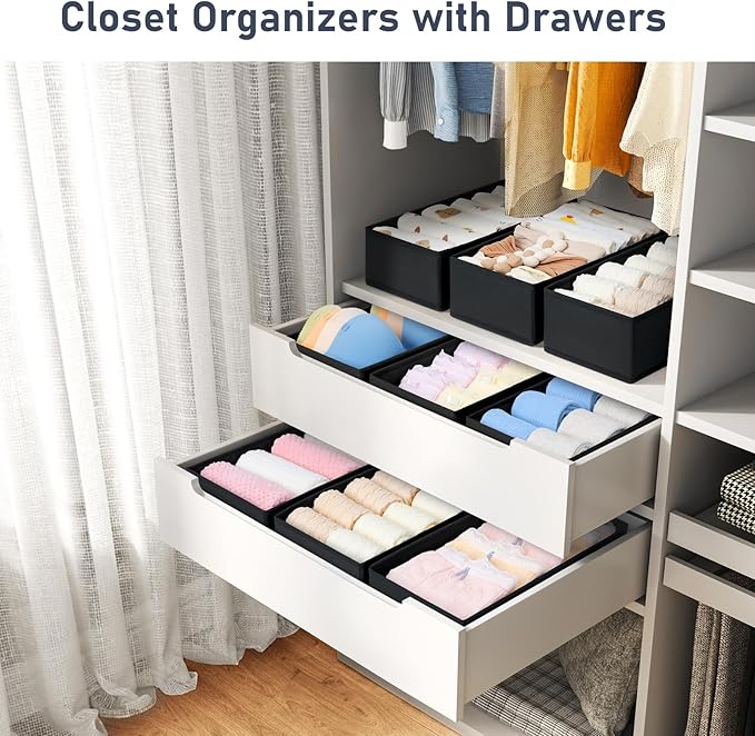 DIMJ Drawer Organizer - Small Clothes Organizer Set of 3, Drawer Dividers for Baby Clothes, Underwear, Socks, Bra, Belt, Tie - Black