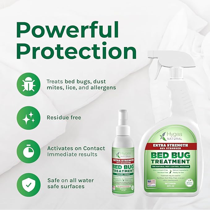 Hygea Natural Extra-Strength Bed Bug DIY Kit - unique, Odorless, Child & Pet Friendly - All water-friendly surfaces - 1 Bed Bug Spray (24 oz) & 1 Bed Bug Travel Spray in TSA Approved Size (3 oz)