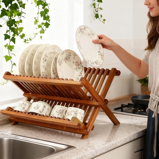Utoplike Teak Dish Drainer Rack Collapsible 2 Tier Dish Rack Dish Drying Rack Foldable Plate Organizer Holder for Kitchen Compact Countertop