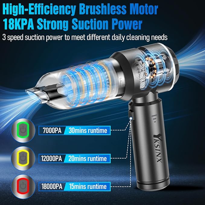 Car Vacuum Cleaner High Power,18000PA Handheld Vacuum Cordless with Brushless Motor,4 in 1 Portable Mini Vacuum Cleaner & Air Duster,3 Gear,Small Handheld Vacuum Rechargeable for Car,Home