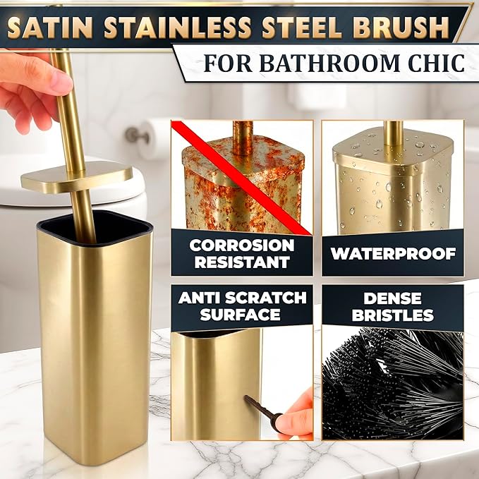 Gold Toilet Brush with Square Holder - Toilet Brush and Holder Set Gold, Stainless Steel Handle with Splash Shield, Replaceable Head and Removable Inner Cup - Freestanding Bathroom Toilet Cleaning Set