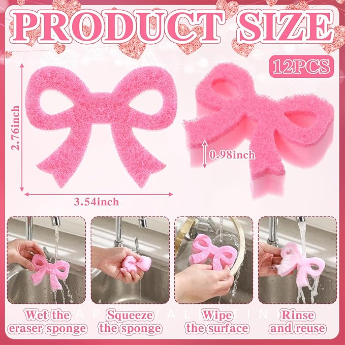 Tioncy 12 Pack Pink Bow Kitchen Sponges Bulk Pink Coquette Dual Sided Non-Scratch Scrubber Sponges Bow Dishwashing Kitchen Cleaning Accessories for Dishes Pots Pans Cute Household Supplies