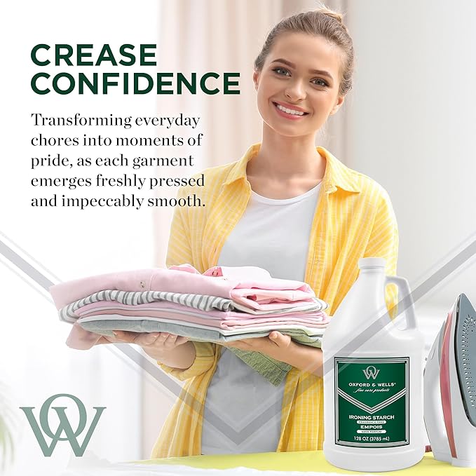 Oxford & Wells Premium Wrinkle Releaser Spray Starch - Ironing Spray, Fragrance-Free, Non-Aerosol Fabric Care - Non-Flaking, Non-Streaking, Gentle on Fabrics - Wrinkle Spray for Clothes - 128 Ounce