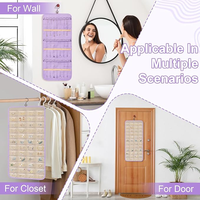 Dynoro Double-Sided Hanging Jewelry Organizer, Lavender Storage Roll for Earrings, Necklaces, Rings, 48 Pockets 21 Hooks, Durable Oxford Fabric for Closet, Wall, Door, 1 piece, Jewelry Not Included