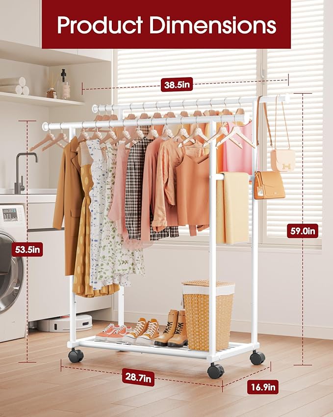 Sakugi Metal Clothes Rack - Double Rod Clothing Rack with Fixed Design and Rolling Wheels, Coat Rack with Built-In Shelf for Closet Organizers and Storage (38.5" x 16.9" x 59.0", White)