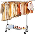 Sakugi Heavy Duty Clothes Rack - Garment Rack with Extendable Side Rods & Bottom Shoe Shelf, 25mm Stainless Steel Frame with Wheels, 49.8–74.8'' x 62.6'' x 16.5'', Silver