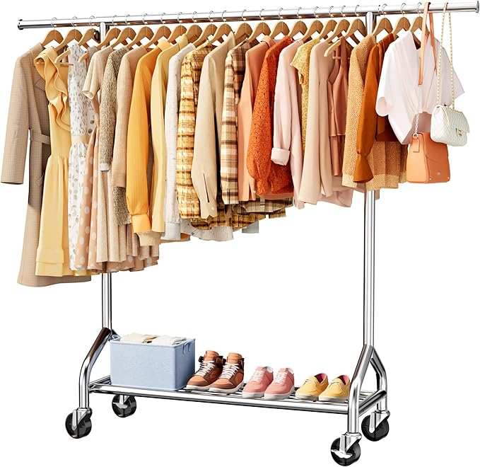 Sakugi Heavy Duty Clothes Rack - Garment Rack with Extendable Side Rods & Bottom Shoe Shelf, 25mm Stainless Steel Frame with Wheels, 49.8–74.8'' x 62.6'' x 16.5'', Silver