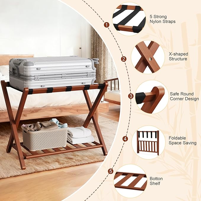 26.77"L Luggage Rack, Walnut Luggage Rack for Guest Room, Bamboo Folding Suitcase Stand with Storage Shelf, 5 Nylon Straps, Heavy Duty Luggage Holder for Bedroom Hotel, 1 Pack, Gift Box Packaging
