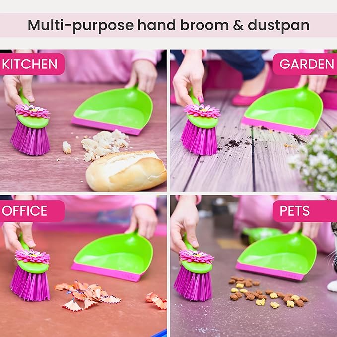 Vigar Flower Power Dust Pan and Brush Handy Set, 12-3/4-Inches, Green, Pink
