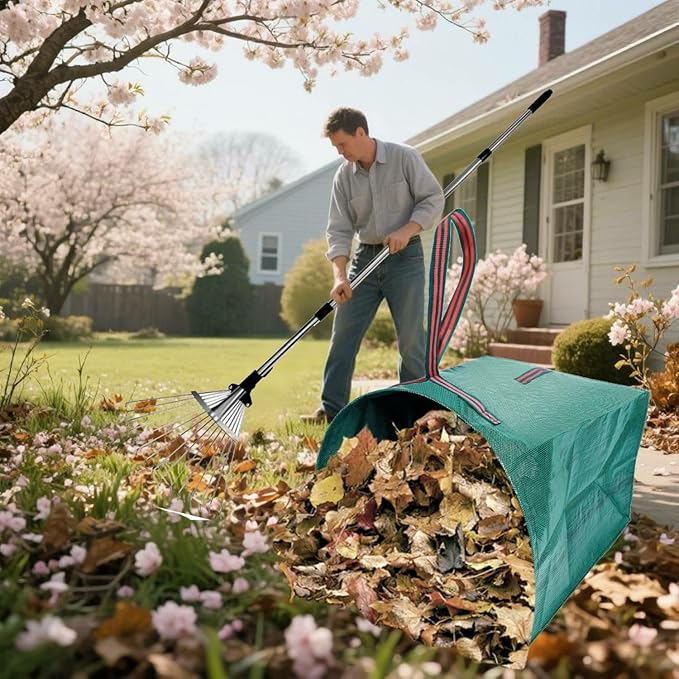 Leaf Rake for Lawns with 53 Gallon Dustpan-Type Leaf Bags,Heavy Duty Metal Garden Yard Rake Long Handle with Expandable Head 7-14" for Gardening Outdoor Camping Shrub Grass Bush Weed