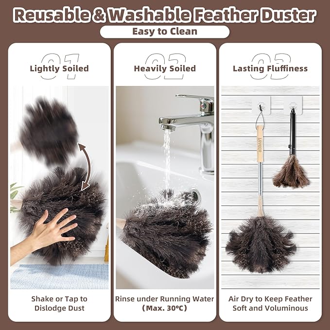 Ostrich Feather Dusters for Cleaning Kit - Reusable Soft Feather Duster Extendable to 49 inches for Cleaning Ceiling Fan, High Ceiling, Blinds & Retractable Small Duster for Keyboard, Car
