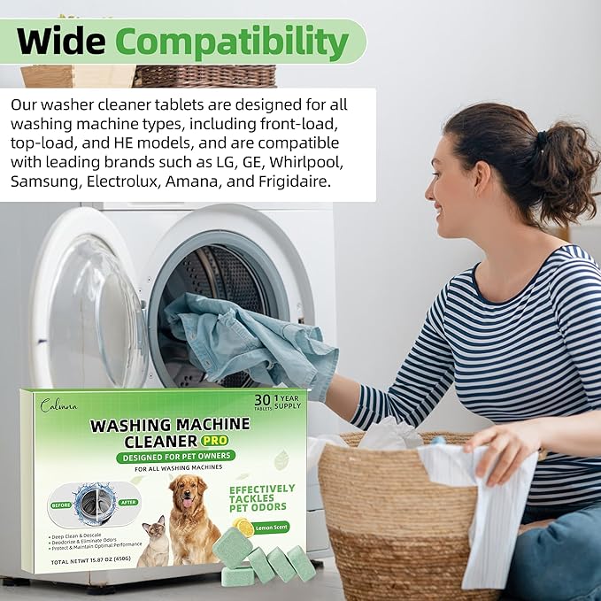 Calvana (30-Pack) Washing Machine Cleaning Tablets, Formulated for Pet Owners, Washer Cleaner, for Front-Loaders, Top-Loaders, HE Machines, Easily Removes Residue, Septic Safe, Over a 12-Month Supply