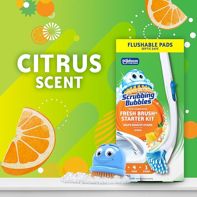 Scrubbing Bubbles Toilet Bowl Cleaning System with Flushable & Disposable Cleaner Refill Pads, Fights Odors and Helps Remove Limescale & Hard Water Stains, Citrus Scent, 1 Wand + 4 Refills + 1 Stand