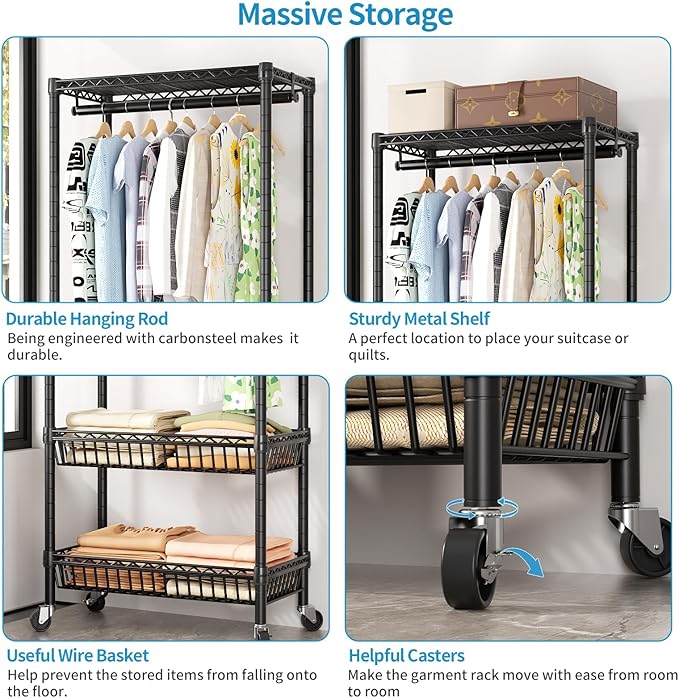 Heavy Duty Clothes Rack Rolling Garment Rack,3 Tier Adjustable Wire Shelving Clothing Racks for Hanging Clothes with Double Rods&Side Hooks,Freestanding Wardrobe Storage Rack Metal Portable Closet