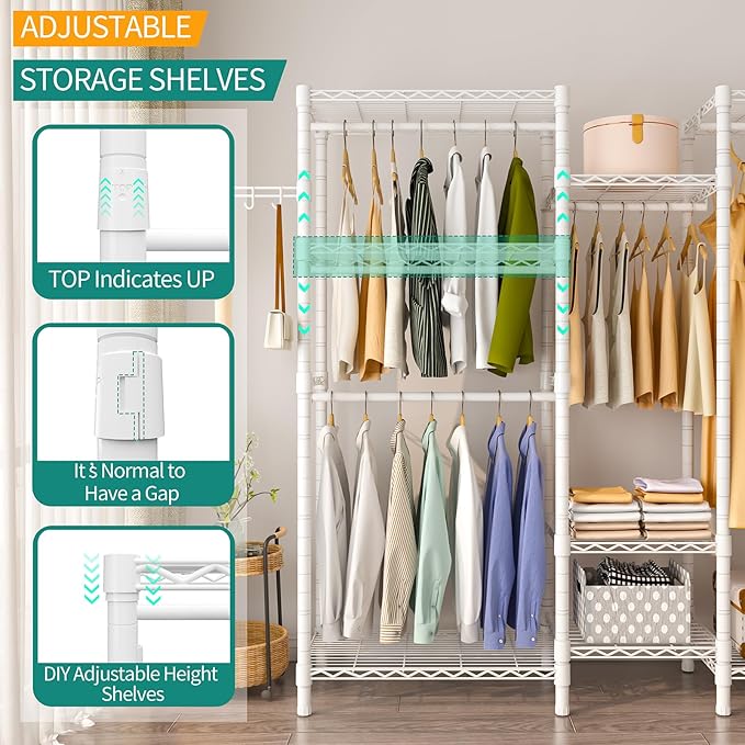 Heavy Duty Garment Rack, Portable Wardrobe Clothes Rack Freestanding Adjustable Clothing Rack with 7 Tiers Adjustable Wire Shelving and 4 Hanger Rods, Max Load 920LBS, White