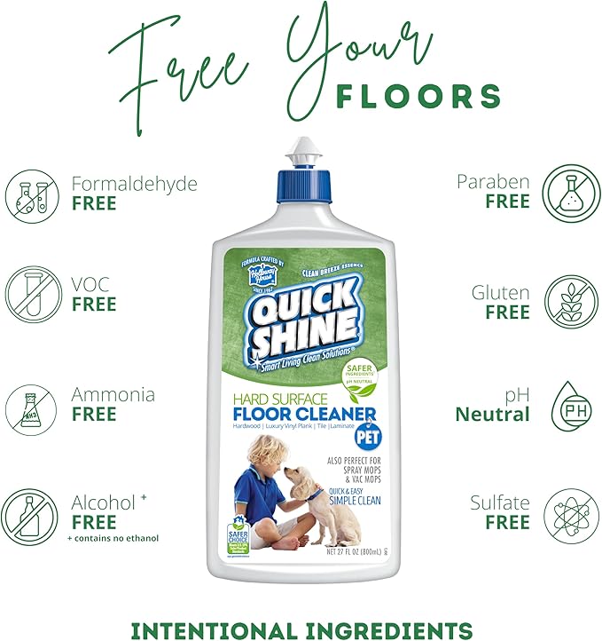 Quick Shine Plant Based Pet Floor Cleaner 27 oz, 2Pk | Ready to Use, Removes Dirt, Streak Free, No Rinse | Hardwood, Laminate, Luxury Vinyl Plank LVT, & Tile | Safer for Kids, Pets & Our Environment