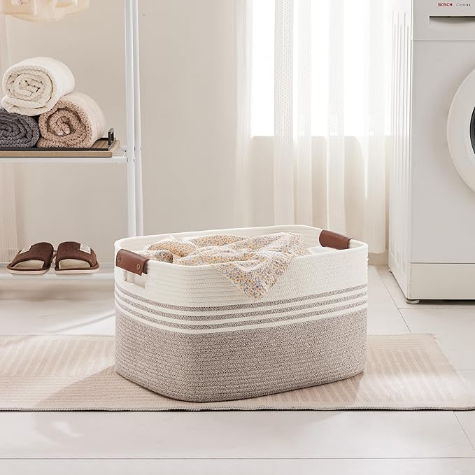 60L Large Laundry Basket with Leather Handles for Living Room Storage, Woven Rope Baskets Bin for Blanket, Kids Toy, Gifts, Wicker Hamper for Bedroom Dirty Clothes, White Brown
