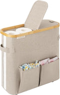 StorageWorks Toilet Paper Storage Baskets with Dual Flip Lids, Toilet Paper Organizer for Bathroom, Toilet Paper Container with Side Pocket, Holds 9 Mega or 12 Regular Rolls, Medium, Light Khaki