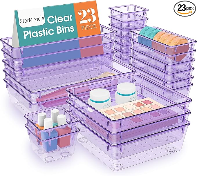 StorMiracle 23 PCS Drawer Organizer Set, 5 Varied Size Bathroom and kitchen Drawer cabinet organizer Trays, Clear Storage Bins for Makeup, Jewelry, Utensils and Gadgets, Purple