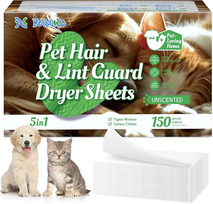 Pet Hair Dryer Sheets (150 Count), Pet Hair Remover for Laundry, Lint Guard Dryer Sheet 3X Repels Dog and Cat Hair & Lint, Fragrance-Free Fabric Softener Sheets for Static & Wrinkle Reduction