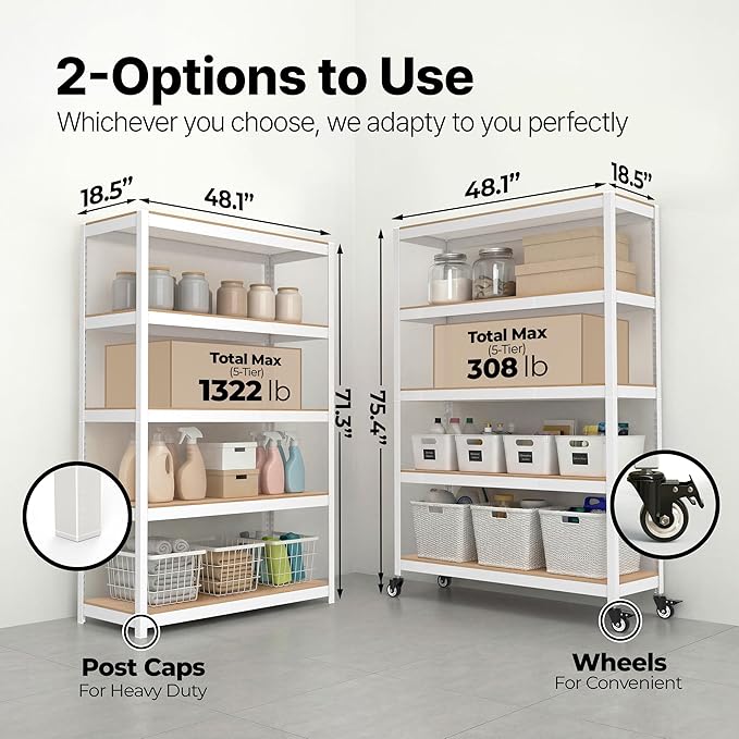 HOMEDANT House 48.1" 5-Tier Metal Rolling Cart Shelf Rack Casters Heavy Duty Laminated Wheel Shelving Unit Adjustable Utility Storage Shelves Shelf Kitchen Garage White 1Pack