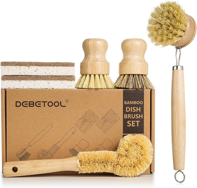6 Piece Bamboo Dish Brush Set with Coconut Sponge - Wooden Dish Brush with Sisal and Palm Fiber, Natural Bamboo Dish Scrub Brush for Kitchen Cleaning Dishes, Pots, Pans, Bottles, Vegetables