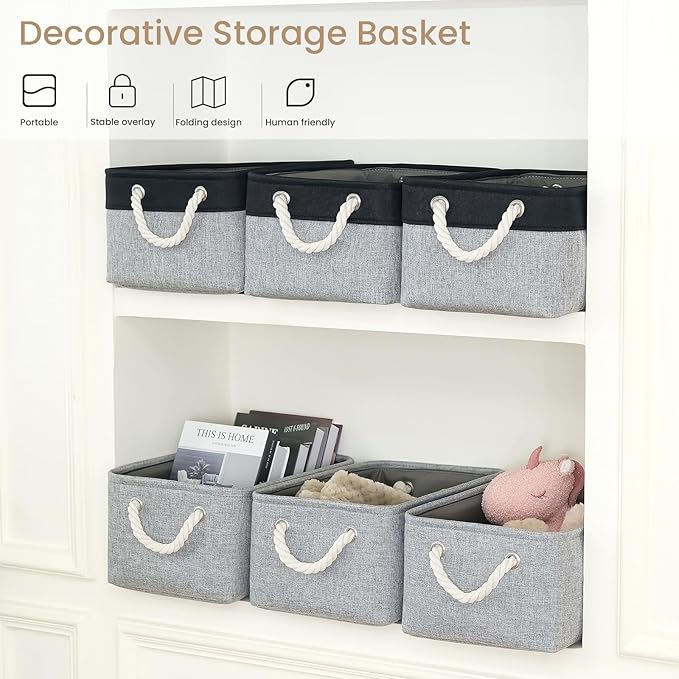 Storage Baskets for Shelves 13.8x9.8x6.7 Inch-Foldable Fabric Organizing Storage Bins with Handles, Closet & Bathroom Organizer, Home Storage for Kitchen, Office (6-Pack, Gray)